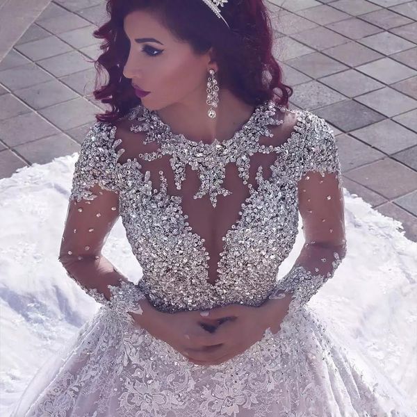 

luxury o-neck long sleeve ball gown wedding dresses white bridal wedding dresses beaded crystals vestidos de noiva wedding gowns