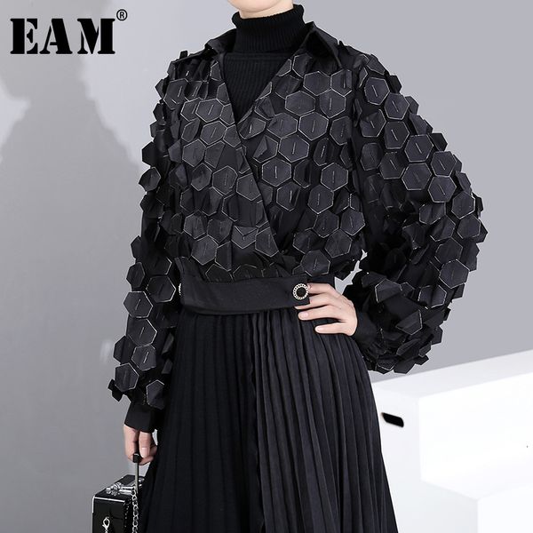 

eam] women black three-dimensional blouse new v-collar long sleeve loose fit shirt fashion tide spring autumn 2019 19a-a849, White