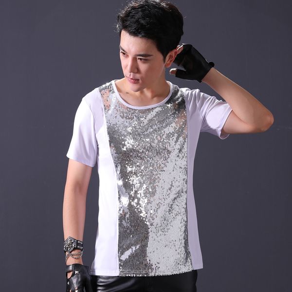 

bar nightclub host costume men jazz dance performance costume dance drum dj male singer personality trend sequin t-shirt dwy1673, Black;red