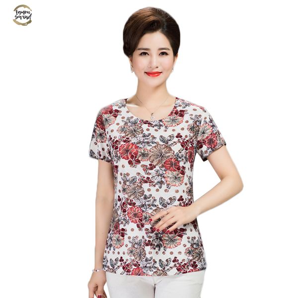 

womens print t shirts summer middle aged milk silk t shirts womens casual loose female short sleeve plus size t shirts, White