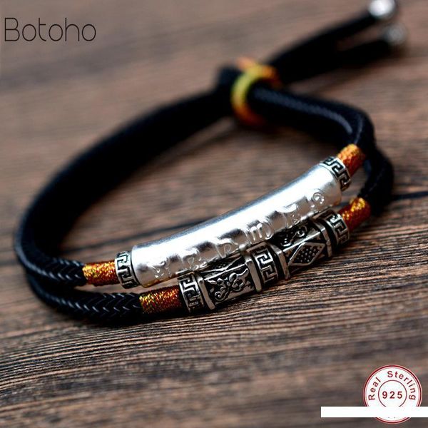 

2019 handmade braided bracelet for men 925 sterling silver om mani padme hum engraved bend charm double layers lucky rope chain, Golden;silver