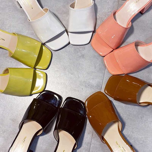 

slippers drop square toe thick heels mules women summer patent leather sandals woman casual shoes, Black