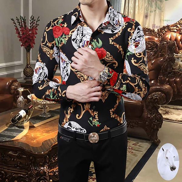 

2019 men's shirt men's long-sleeved flower shirt micro-elastic silk shirt chemise homme printing men's clothing chemise luxe, White;black