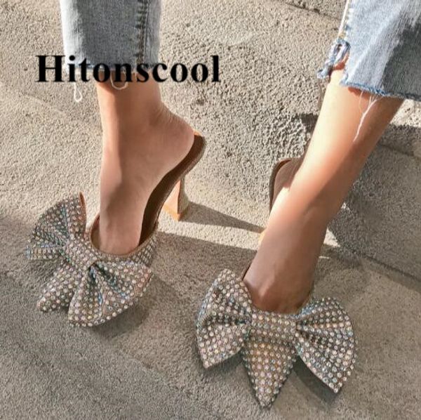 

2020 green sequined cloth crystal stiletto heel mules summer women shoes generous bowtie pumps, Black