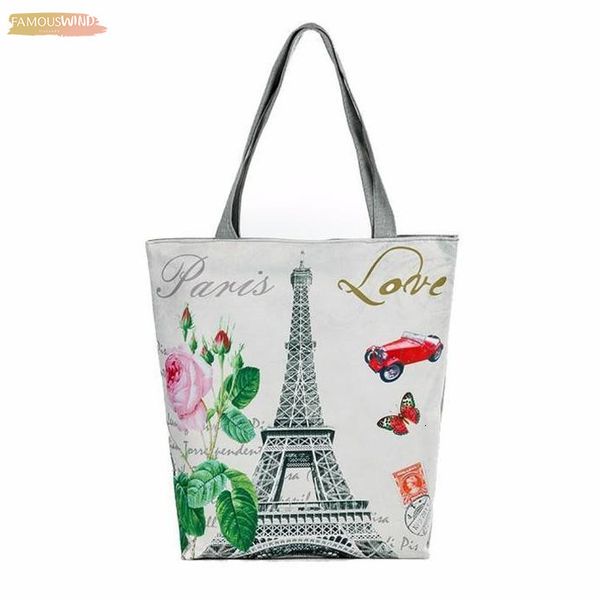 

women canvas tote bags reusable shopping bag fashion paris zipper tower printing bag shoulder bags torebki damskie yj