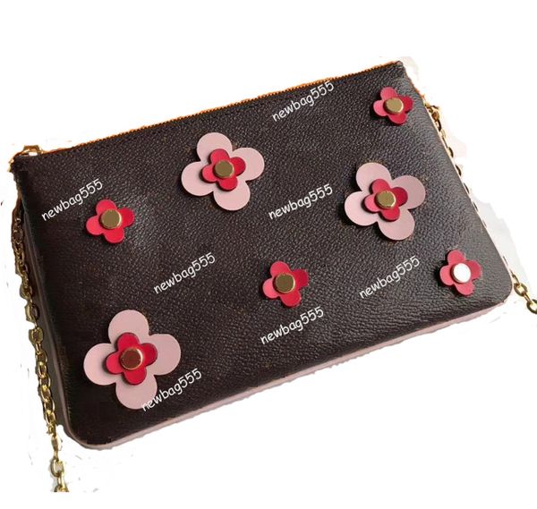 

Top quality women luxury wallet bag pochette double zip clutches genuine leather flowers shoulder bags mini purses chain woc brand design