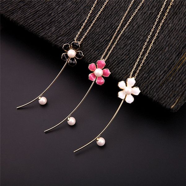 

pinksee romantic exquisite enamel flower pendant necklace for women temperament long chain imitation pearl party accessories, Silver