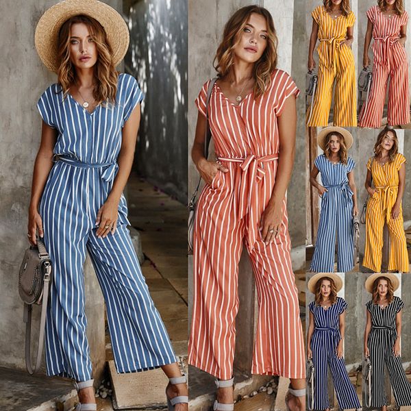 

women's jumpsuits & rompers 2021 summer european and american selling casual striped long, Black;white