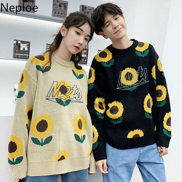 

neploe o neck long sleeve sun flower letter embroidery pullover sweater lovers streetwear autumn winter thick pull femme 48321, White;black