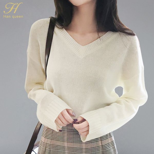 

h han queen women solid v neck knitted sweater autumn winter fashion female pullover sweaters ladies loose knitwear dropshipping, White;black
