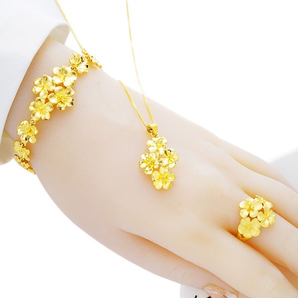 

vietnam alluvial gold womens flower ring brass gold-plated flower necklace bracelet three-piece suit to install wedding accessories, Silver