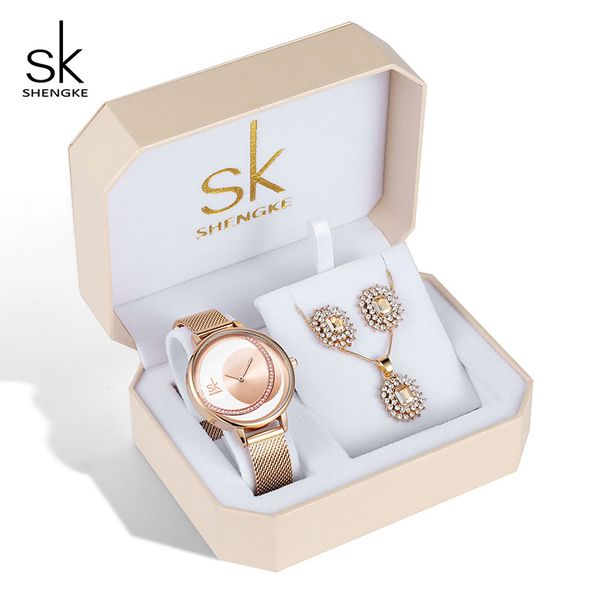 

shengke women luxury quartz watch with crystal star bangle gold bracelet watches set 2019 new sk birthday gift for women, Slivery;brown