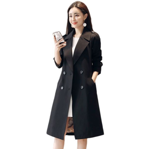 

windbreaker female long coat spring fall women slim temperament fashion coat large size solid color double-breasted jacket as947, Tan;black