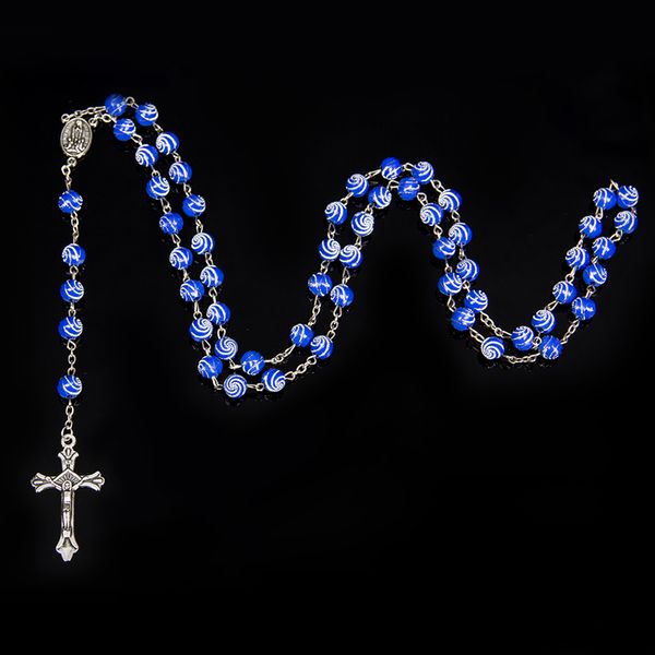 Spiralperlen, runde Perlen, katholischer Rosenkranz, Statement-Halskette, bunte Perlen, Kreuz, religiöse Halsketten