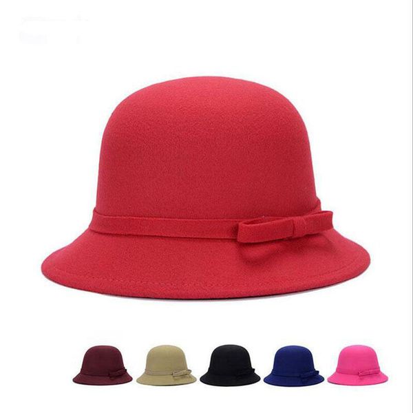 2019 Winter Damen Frauen Mädchen Vintage Wollfilz Bowler Derby Fedora Trilby Bowknot Fedoras Hut Kappe