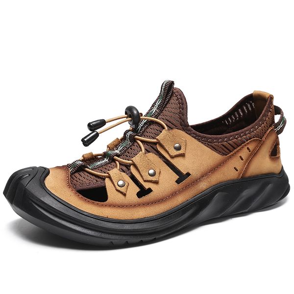 

summer genuine leather men's hiking sandals shoes handmade sport sandals shoes men beach soft sandal slides, Black