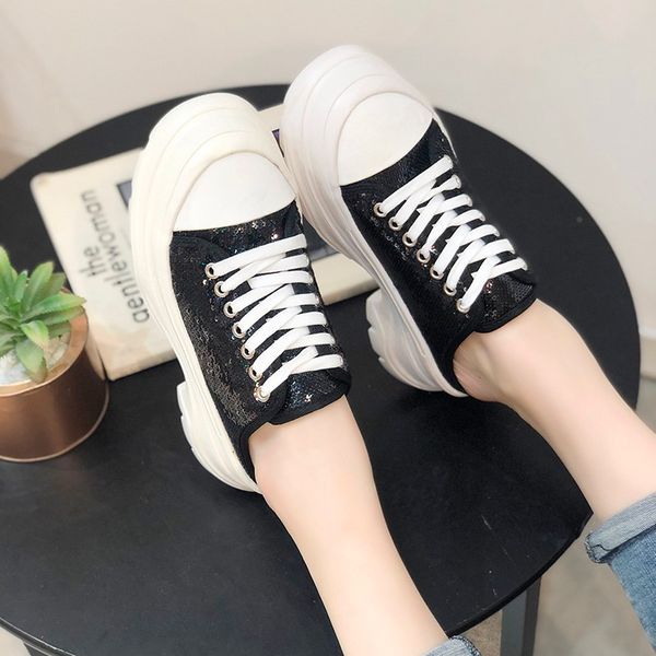 

women canvas shoes female 2020 new spring platform thick sole low up dad white shoes increase wedge casual sneakers, Black