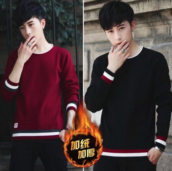 

new men's sweater new korean edition plush long sleeve knitted shirt youth hundred-set sweater round-collar oat, White;black