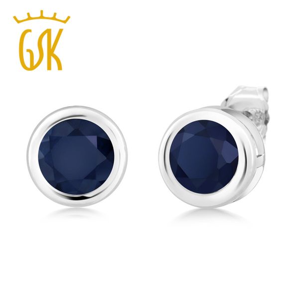 

gemstoneking 925 sterling silver gemstone fine jewelry 2.00 ct round 6mm natural blue sapphire stud earrings for women, Golden;silver