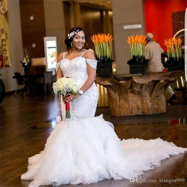 

setwell plus size mermaid wedding dress spaghetti backless sweep train long wedding gowns beautiful applique lace bridal dress, White