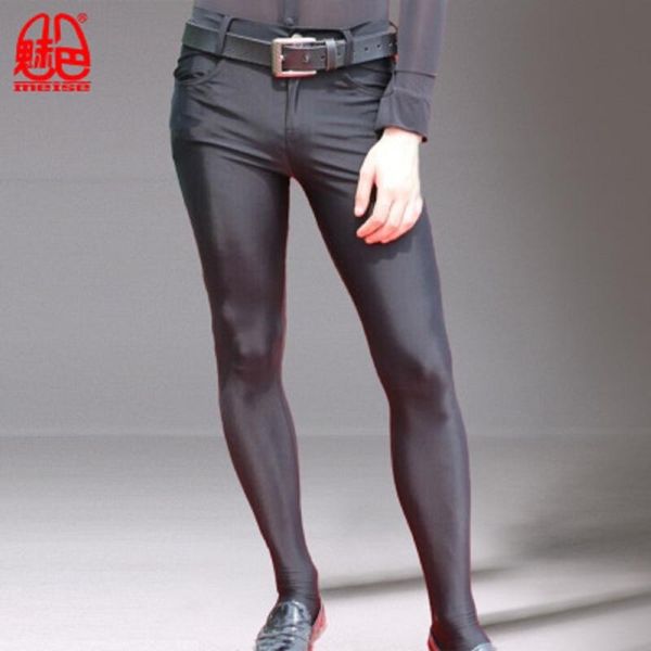

men's shiny casual pencil pants full solid pantyhose tights pants high elastic spandex bag legs couple gay wear plus size, Black