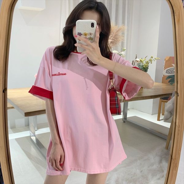 

zhenzhen home contrast color stitching fake two-piece t-shirt female summer students midi loose short-sleeved t-shirt lazy wind, White