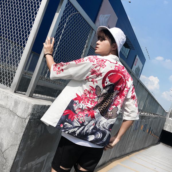 

2019 japanese kimono cardigan men carp print floral kimono cardigan men white summer japan jacket, Black;brown