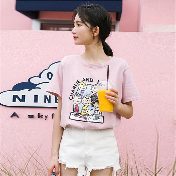 

2019 рыхлый все соответствующие печати мультфильм шаблон отверстие круглый воротник короткий рукав сверху футболка футболка верхняя женская, White