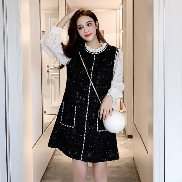 

women dreses2020 autumn new style loose slimming stitching fake two-piece wooden ear beaded a- line long-sleeved bottoming dress women, White;black