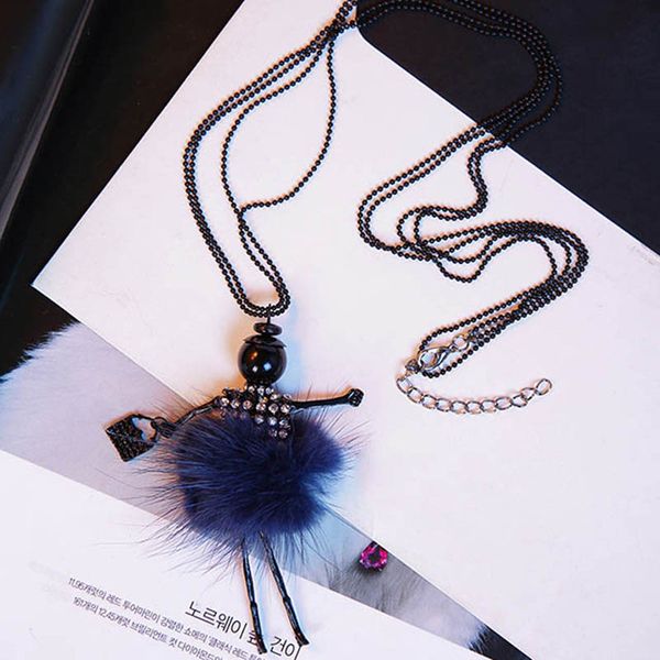 

fashion girl simulated fur jewelry pendent necklace women sweater chain plush collares crystal doll girl doll necklace, Silver