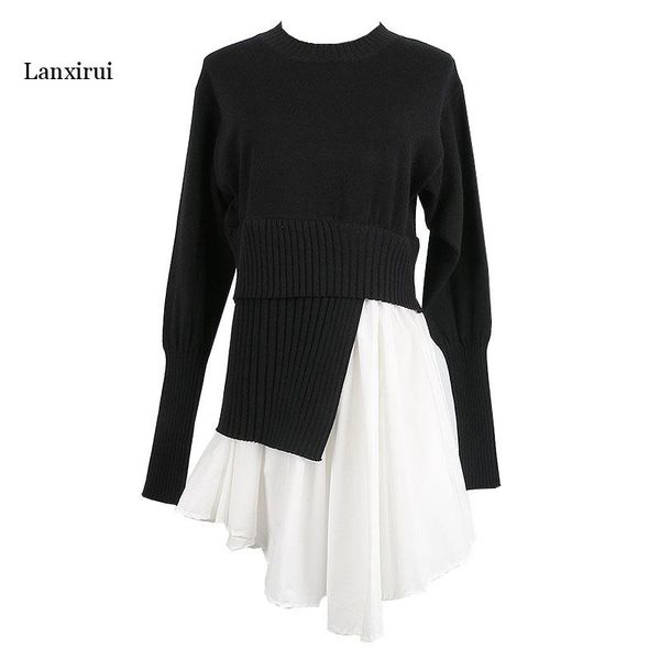 

runway jumper fake two pieces patchwork asymmetrical sweater new spring cute women sweater pullover knit lolita, White;black