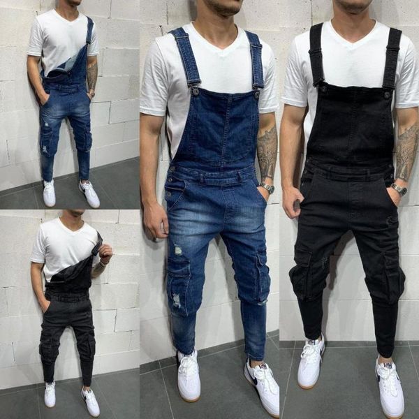 

men's jeans stylish suspender denim rompers with torn and ripped pockets, Blue
