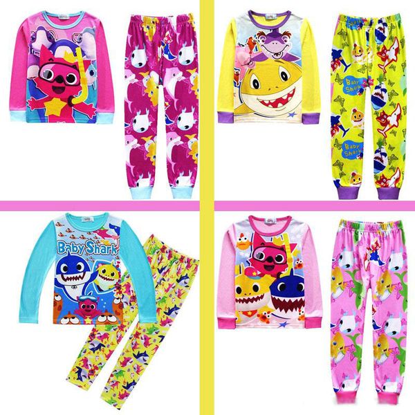 

4 colors children INS baby shark Suits Pajamas Girls boys Cotton cartoon long Sleeve T-shirt+Pants 2pcs sets baby kids clothes