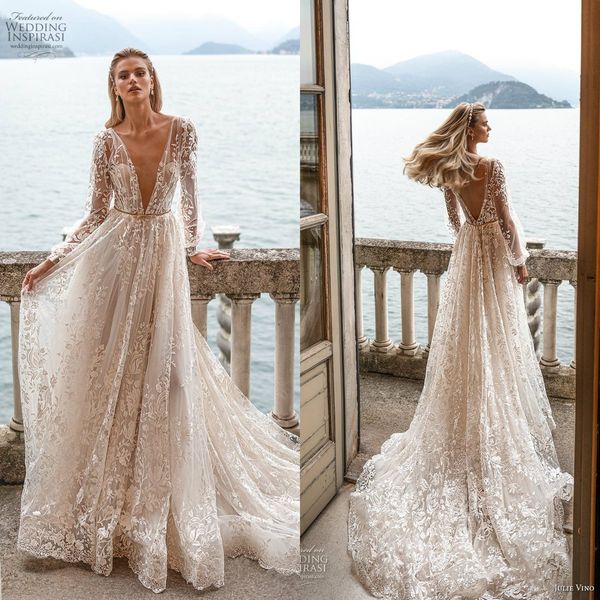 

2020 julie vino long sleeve wedding dresses a line lace appliqued deep v neck boho wedding dress sweep train backless vestidos de novia, White