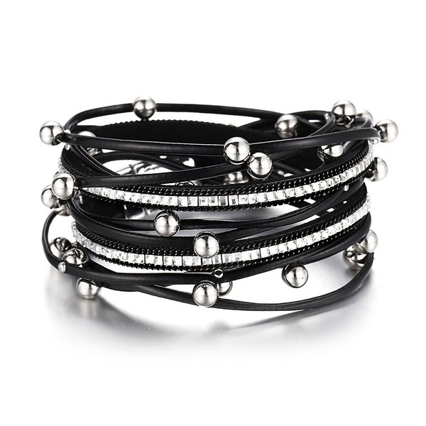 

2019 new handmade black genuine leather wrap bracelet male female rhinstone crystal multilayer magnetic bracelets for women men, Golden;silver