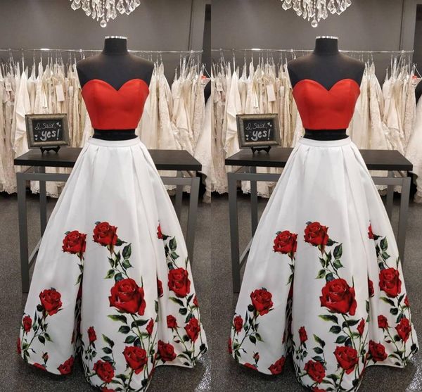 

fashion red and white 2 pieces prom party dresses printed rose flowers corset floor length satin ruched evening formal dress long cheap, Black