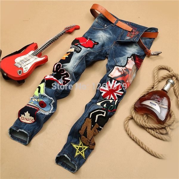 

mens ripped denim jeans pants for men casual cotton straight skinny jeans pants rock trousers fs4318, Blue