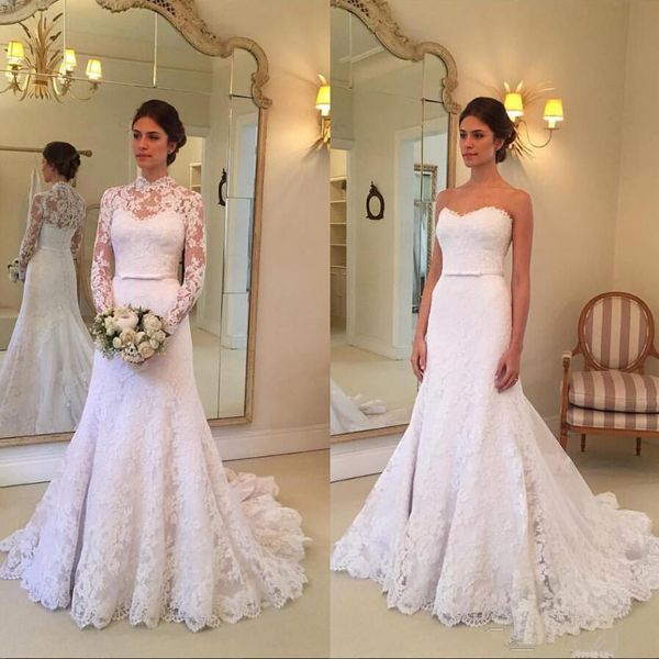 

mermaid lace wedding dress with jacket long sleeve high neck bow belt sweep train 2019 elegant bridal gowns court train custom size, White