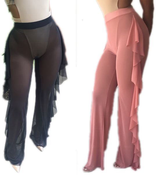 

casual pants women stretch high waist wide leg long pants cotton palazzo trousers look through mesh summer flare pant, Black;white