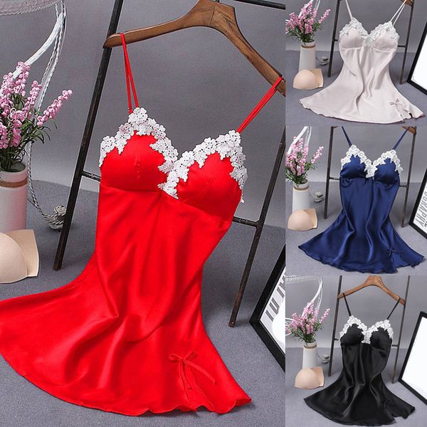 

women lingerie sleepwear silk lace babydoll nightdress, Black;red