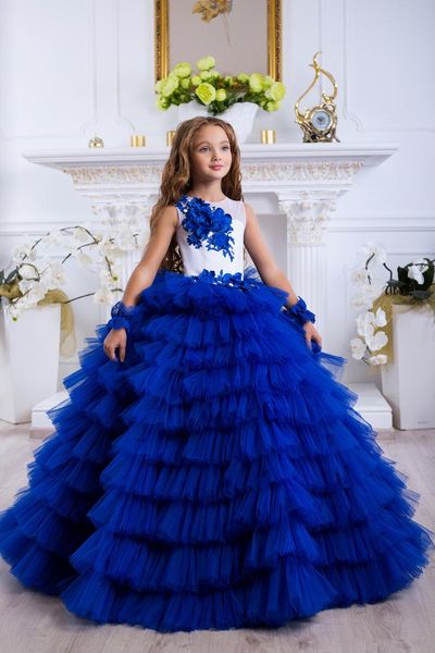 

luxury royal blue lace appliqued tiered flower girl dress vintage tulle girl birthday prty pageant gown long formal wedding dresses, White;blue