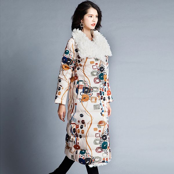 

ynzzu 2018 winter jacket women elegant print long style 90% white duck down coat lamb fur collar thicken warm female jacket o744, Black
