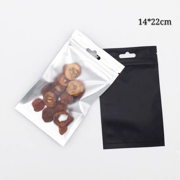 14 * 22cm preto fosco fecho zíper zíper selo sacos de embalagem limpar 100 pcs nozes armazenamento embalagem bolsas com cabide no saco inferior plano