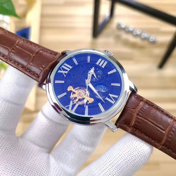 

mens quality gift moon watch mechanical automatic stainless wristwatches watches phase leather fashion movement steel band strap for me asjl, Slivery;brown