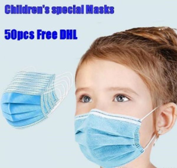 

children disposable face mask 3 ply 3layer 50 pcs 100 pcs mouth cover masks blue kids masks earloop non-woven fabric dhl