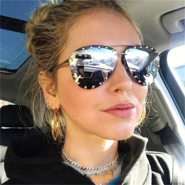 

luxury pilot sunglasses women vintage rivet metal frame sun glasses female rimless pink sun glasses female gafas de sol uv400, White;black