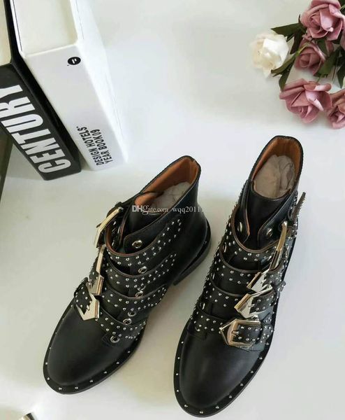 

springfall топ-подкладка сусанна шипованных кожа пряжка ботильоны для женщин круглый toe kitten heels обувь женская zapatos mujer, Black