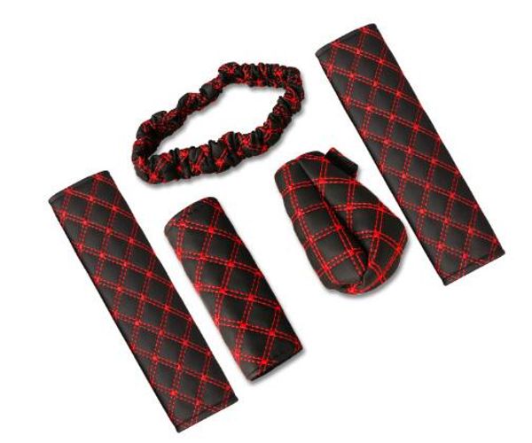 

5 pieces car red wine brake cover shift knob safety seat belt pads harness safety shoulder strap cushion cover shoulder