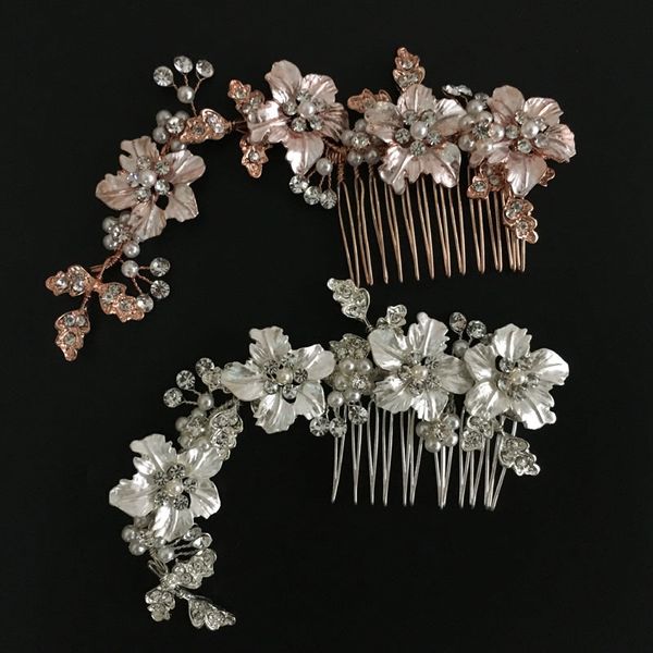 

slbridal wired rose gold flower rhinestone pearls wedding hair comb bridal headpieces crystal hair accessories bridesmaids women, Golden;white
