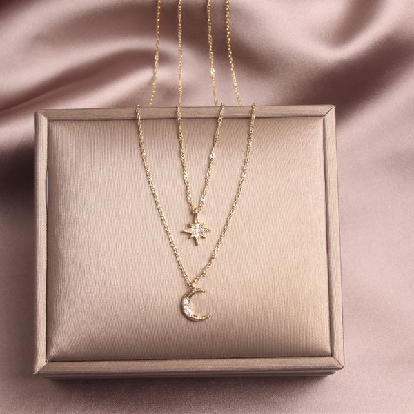 

east gate медно-инкрустированного циркон двухслойной цепи звезда moon элегантная женское ожерелье ключицы, Silver